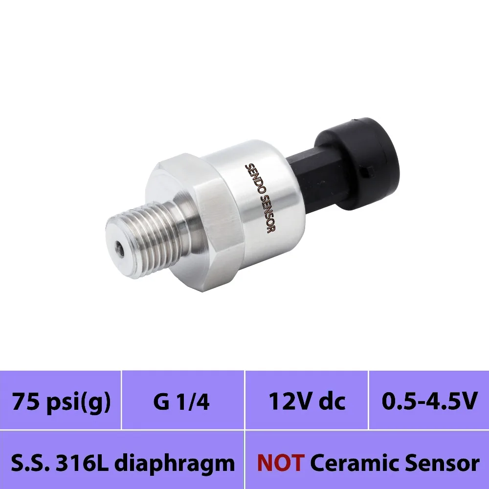 

sensor pressure 0.5 4.5V signal, 0 75psi silicon diffusion transmitter, IP65, 12V DC, stainless steel 316L diaphragm, G1 4 in