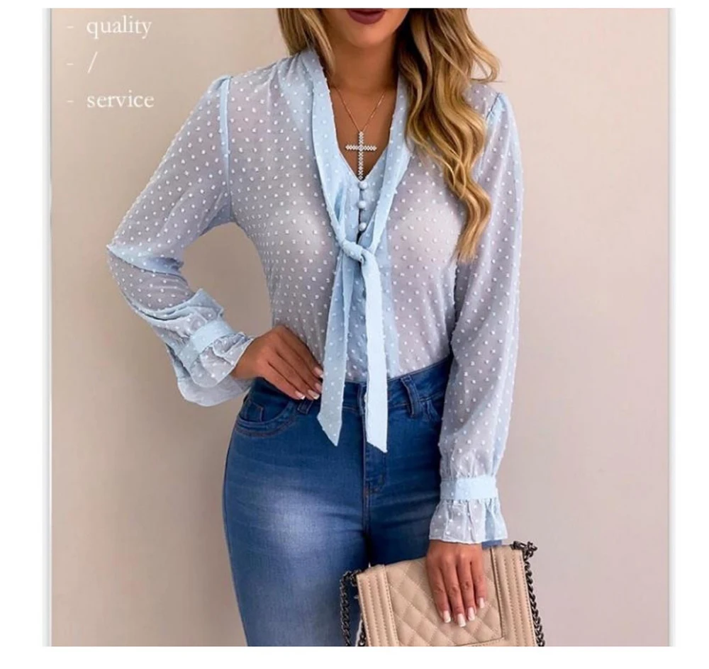 Fashion Elegant Bow Chiffon Blouse Women Loose Long Sleeve Womens Tops and Blouses Office Ladies V-Neck Slightly Transparent Shirt Plus Size S-5XL (4)