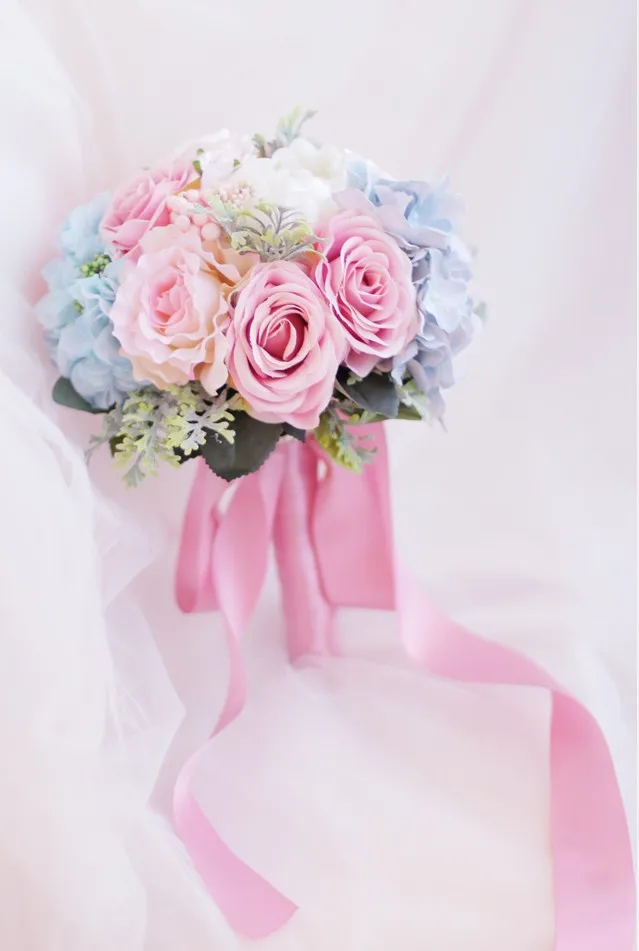 Пользовательские невесты с цветами в руках розовый и синий букет Букеты Свадебные шелковые Букеты свадебные искусственные розы Букет