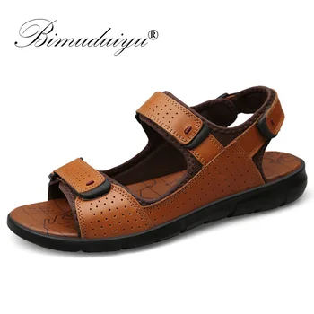 

BIMUDUIYU New Fashion Summer Leisure Beach Men Shoes High Quality Genuine Leather Mens Sandals Big Size 38-48 Male Sandals