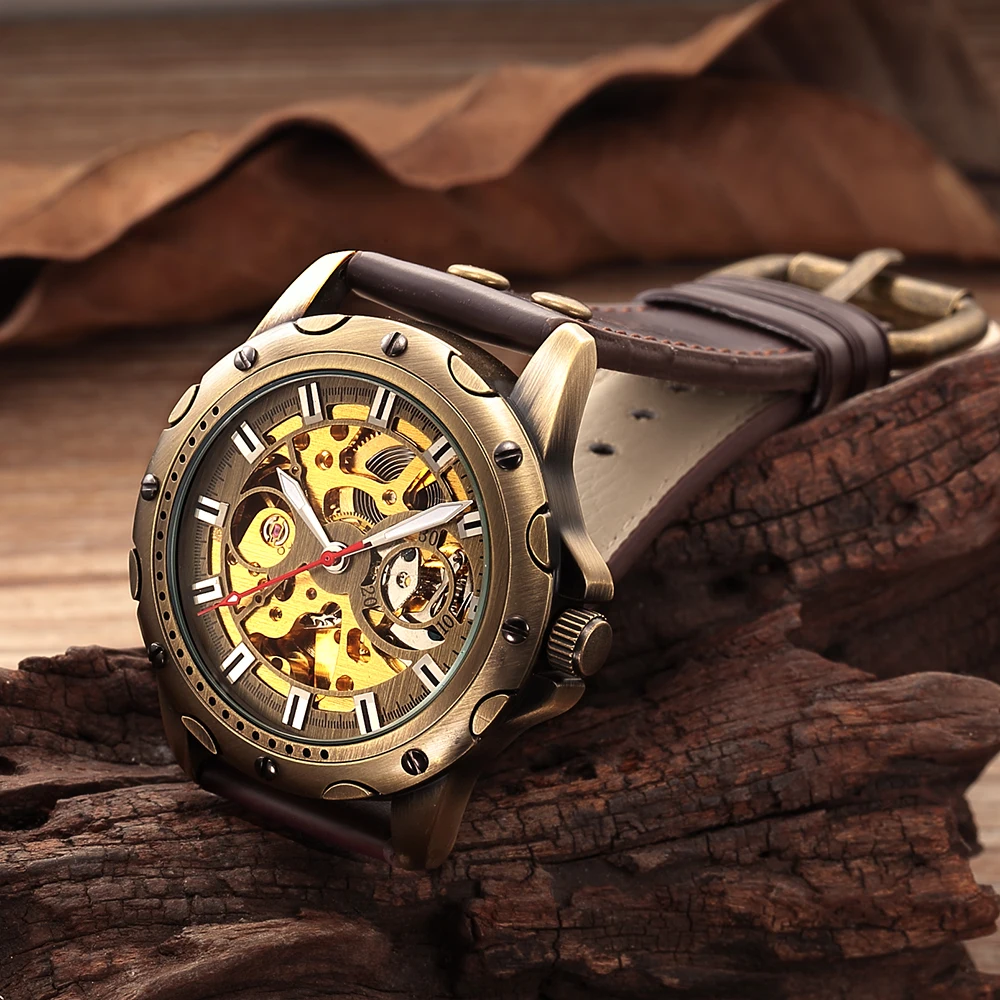 Retro Bronze Skeleton Mechanical Watch Men Automatic Watches Sport Luxury Top Brand Leather Watch Relogio Masculino Male Clock