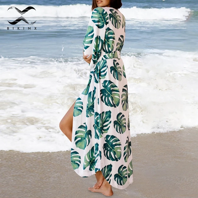 Buy Bikinx Long cotton beach women cover up Leaves print kaftan Sarong swimsuit