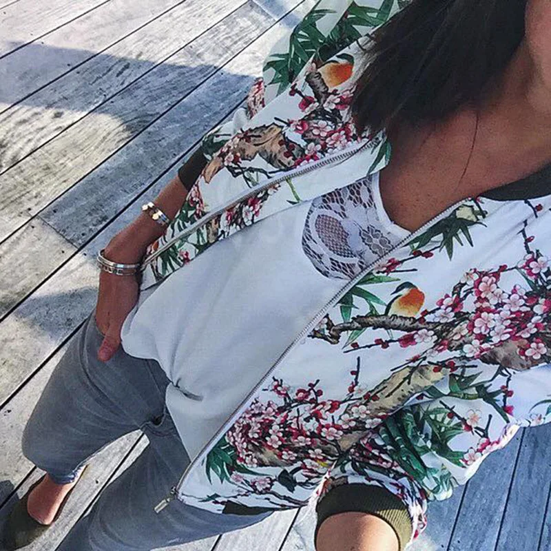 Women Fashion Jacket 2019 Ladies Retro Floral Print Zipper Up Bomber Jacket Casual Coat Autumn Spring Outwear Women Clothes