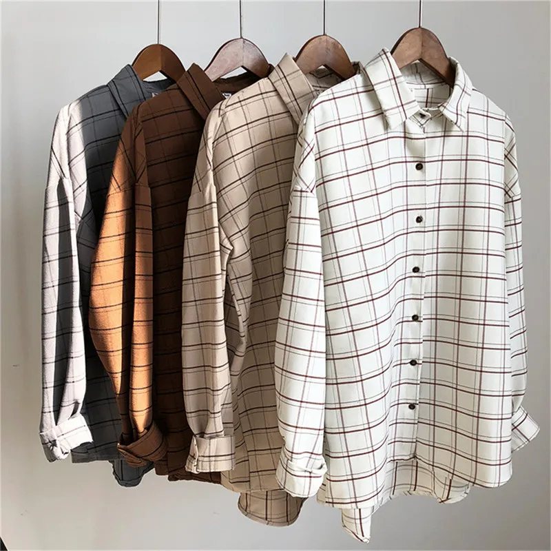 Loose cotton Checkered plaid College blouses shirt 2018 Cage female long sleeve Casual women Blouse shirt office lady tops (1)