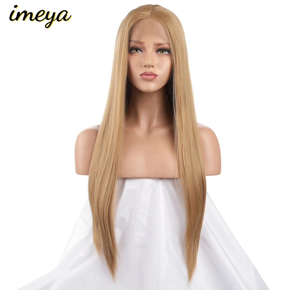 

Imeya Long Silky Straight Ash Blonde Synthetic Lace Front Wigs High Temperature Lace Wigs For Women With Natural Hairline