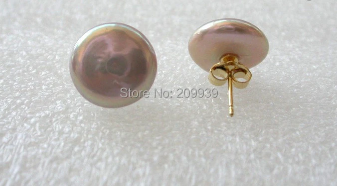 

hj 00254 stunning big 13mm coin round lavender freshwater pearls earrings 14K stud