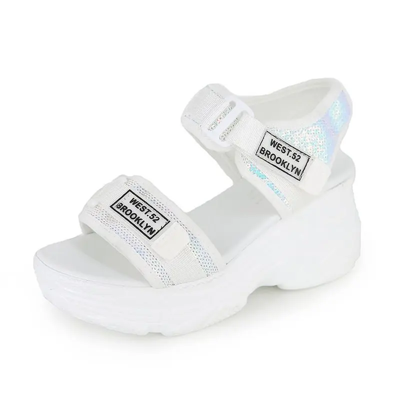 

2019 Summer New Thick-soled Sandals Webbing Mid Heel Open Toe Increase Women's Shoes Sponge Cake Roman Shoes Letter Shoes