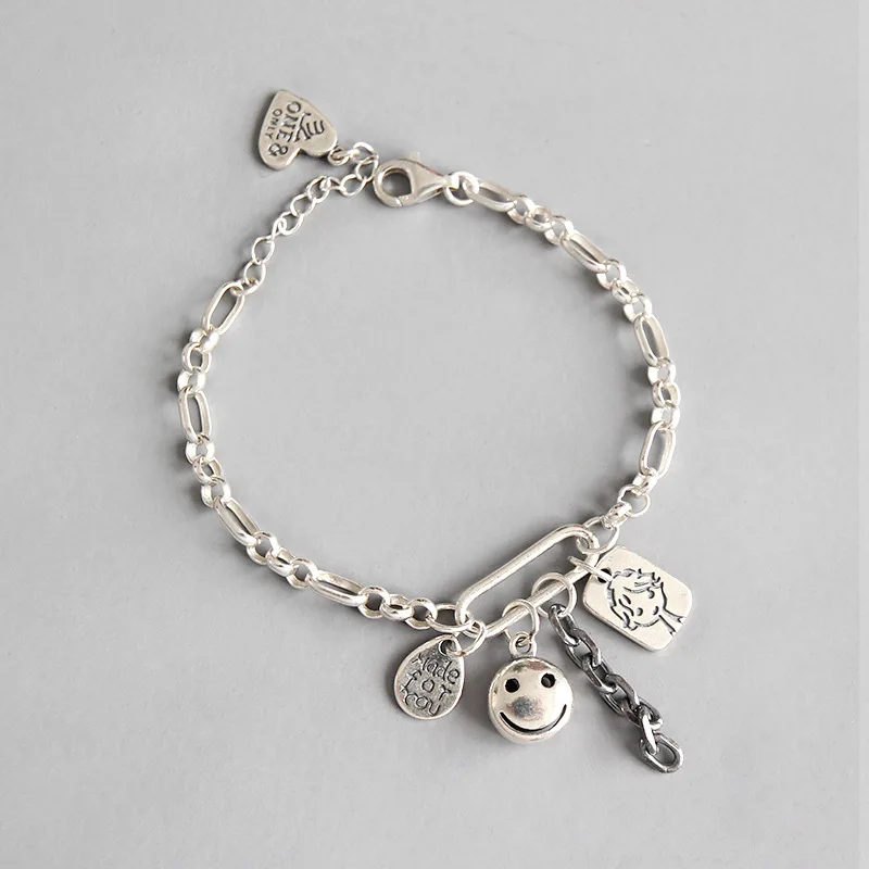 

100% 925 sterling silver handmade chain smile face bracelets for women pulseras mujer, vintage bangle bracelet armband jewelry
