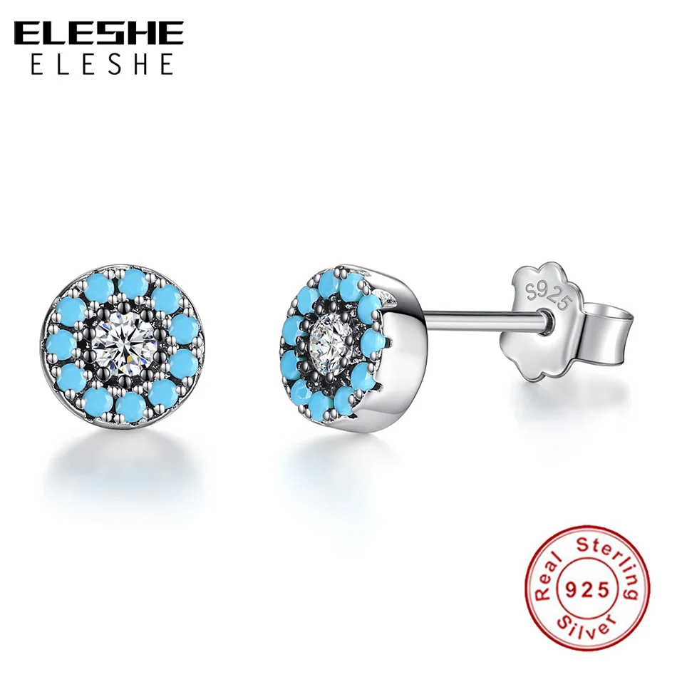 ELESHE 925 Sterling Silver Blue Eye Round Stud Earrings with CZ Zirconia Earrings for Women Fashion Lucky Jewelry 2018 New