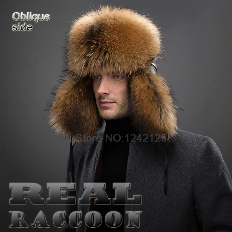 

New winter Russia Boy men warm Noble real genuine leather top raccoon fur hat cotton lining Gift ear Earmuff fur hats cap