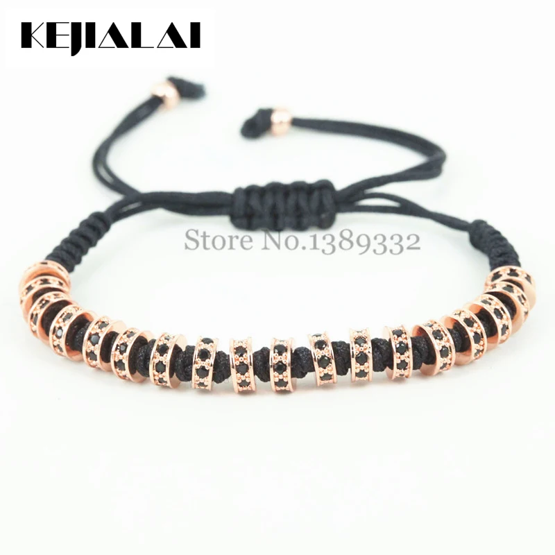

New Anil Arjandas Macrame Bracelets,Rose Gold Micro Pave Black CZ Stoppers Beads Briading Macrame Bracelet For Men Jewelry,Gift