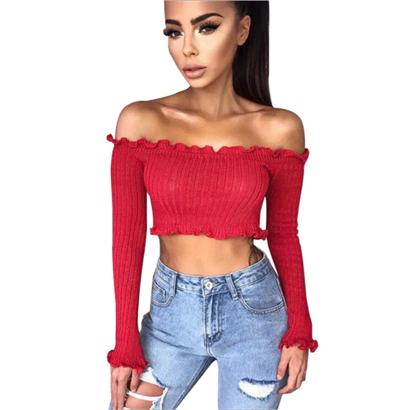 

Long Sleeve Solid Short T-Shirt Women Slash Neck Cotton Knitted T shirt Women Women T Shirt Off Shoulder Crop Top For Women