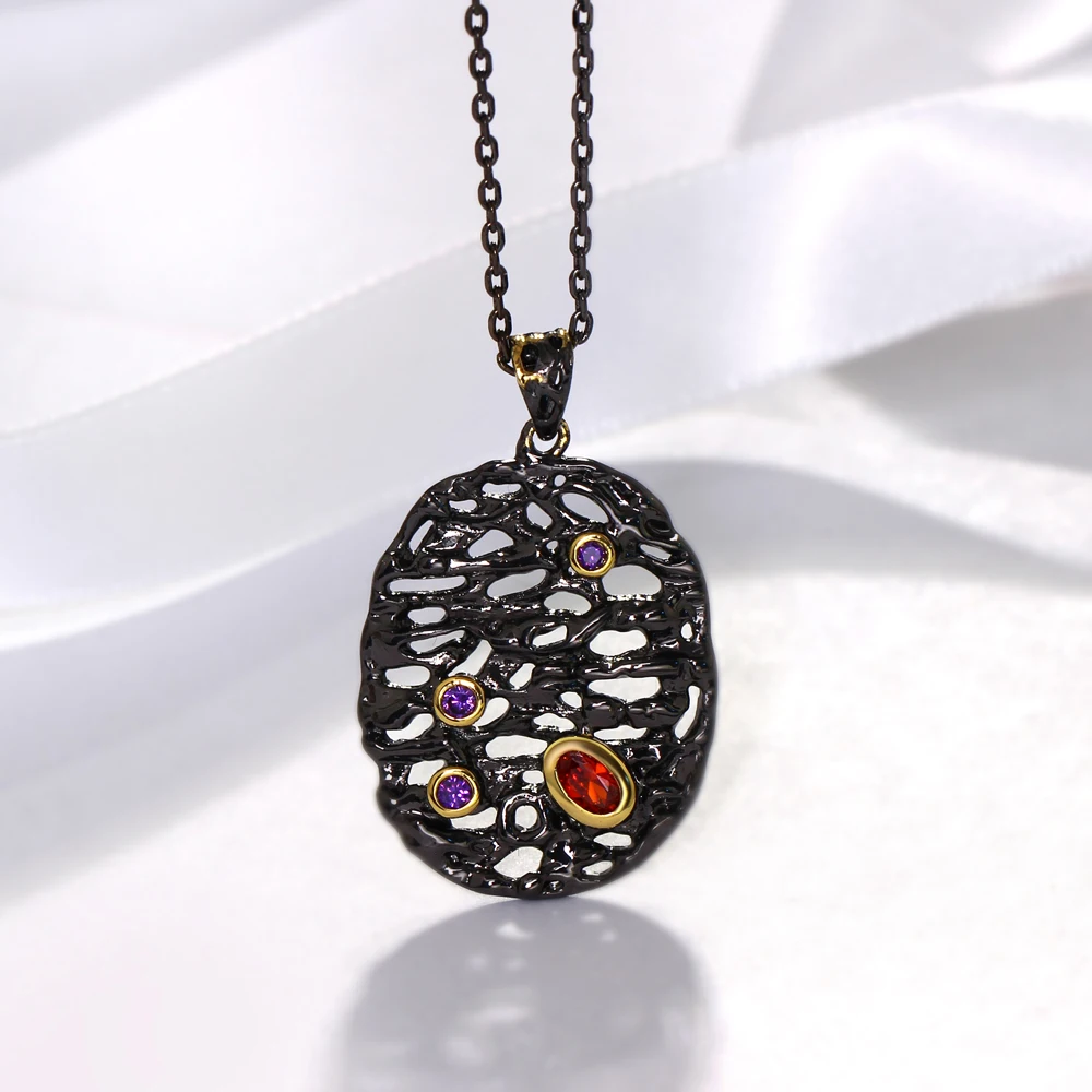 DreamCarnival1989 Neo-Gothic Long Necklace for Women Big Oval Hollow Egg Pendant Red Purple CZ Collier Bijoux Black Gold Color