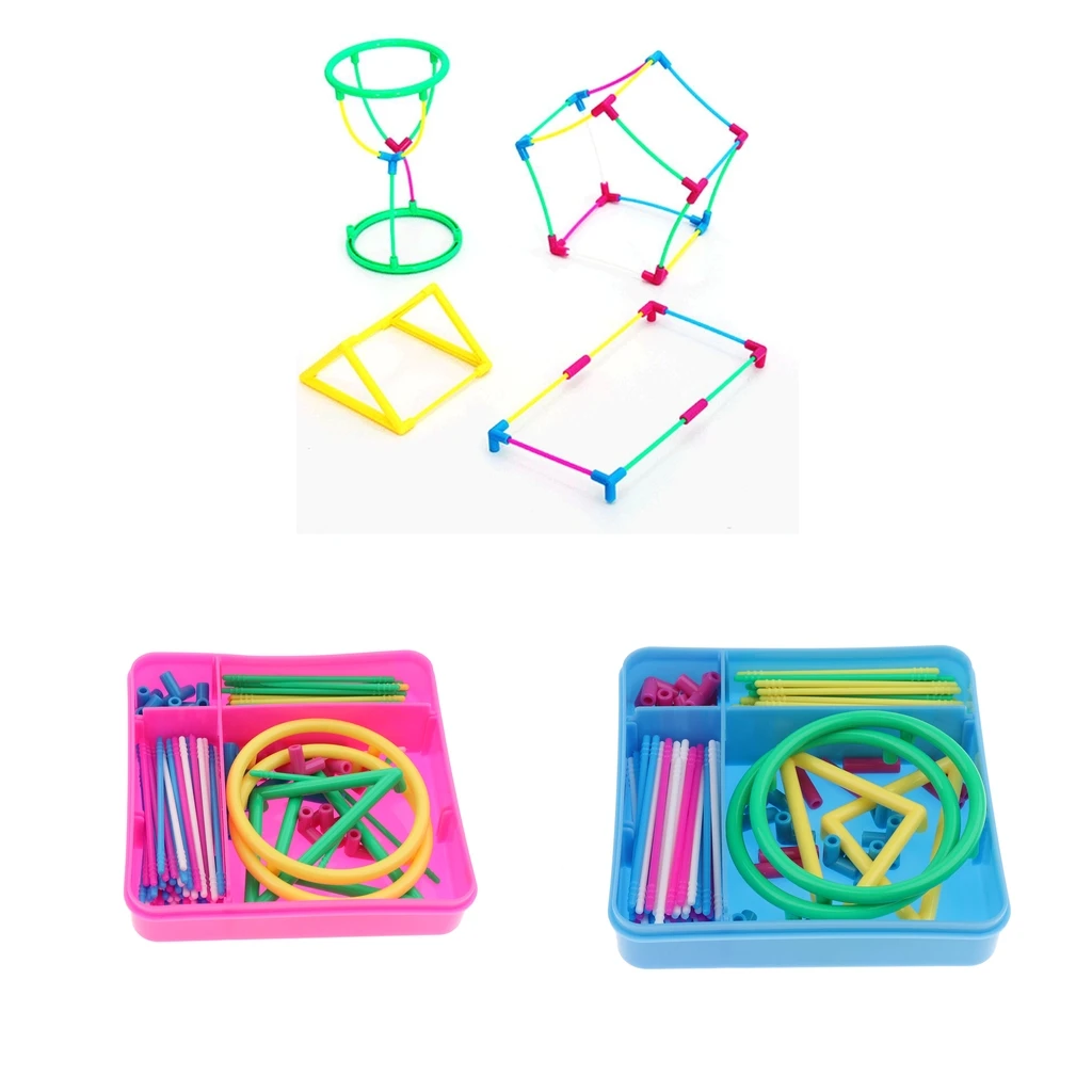 Pack of 128 Plastic Geometric Building Blocks, Connecting Toy, Math Teaching Tool for Kids Toddlers