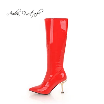 

Fashion women's shoes 2019 pointed toe stilettos heels zipper women's boots knee high boots red white leather small size 32 33