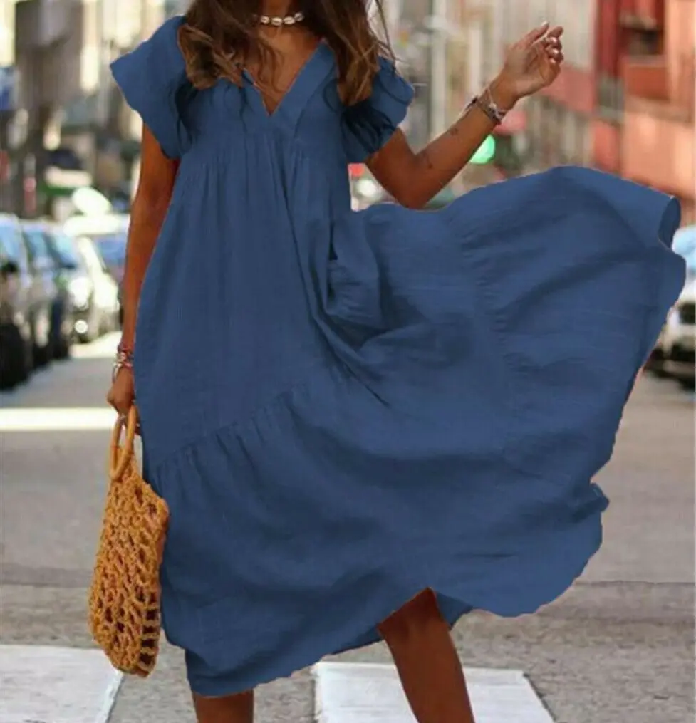 

Summer Short Sleeves Women Dress Solid Color V-Neck Ruched Loose Causal Holiday Maxi Beach Dresses For Ladies Summer Clothes