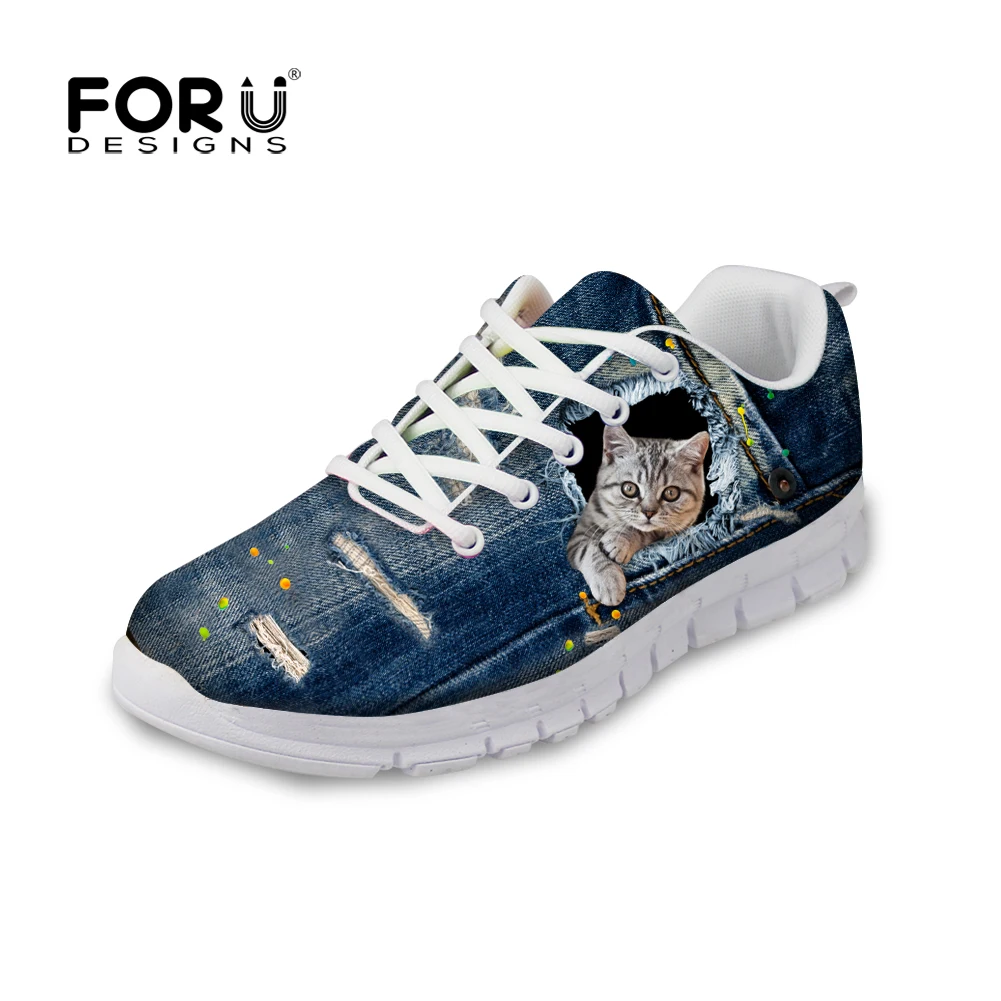 

FORUDESIGNS Women Lace-up Flat Shoes Cute Denim Pet Cat Print Casual Female Light Flats Leisure Ladies Girls Shoe Zapatos Mujer