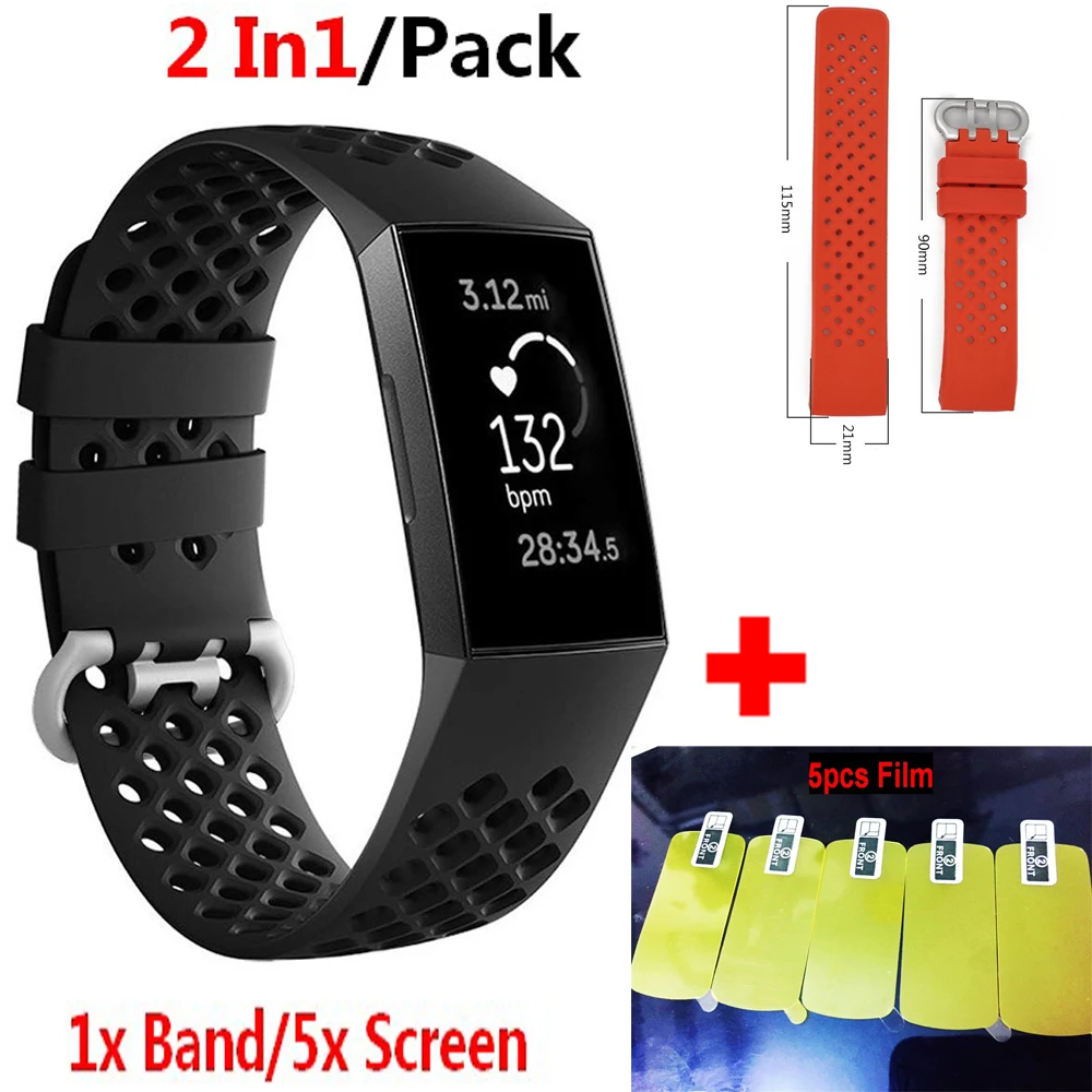 

2 In 1 Silica Strap for Fitbit Charge 3 Wrist Band with Screen Film for Fitbit Band Replace Soft Smart Watchband Charge 3 Strap