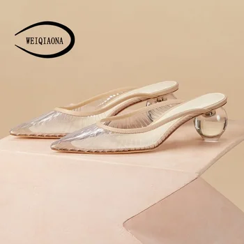 

WEIQIAONA sexy Pointed ankle strap woman Fashion crystal shoes Rough with high heels transparent ladies high heel Wedding Sandal