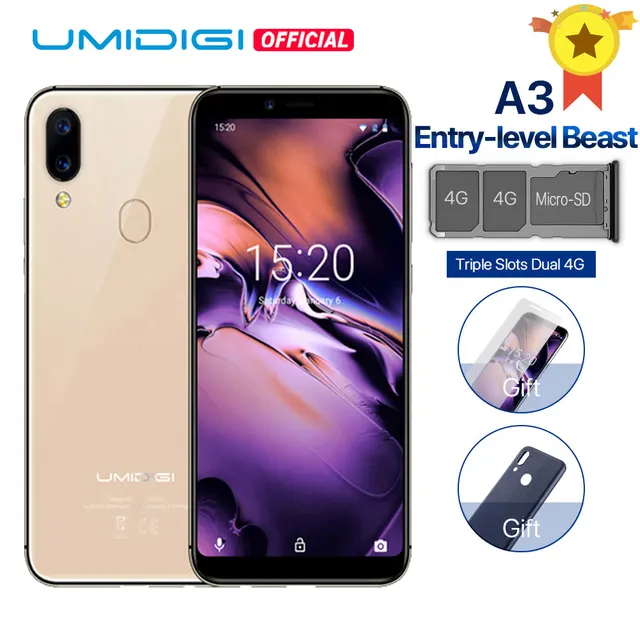 UMIDIGI A3 mundial de banda Dual 4G 5,5 "incell HD + pantalla 2 GB + 16 GB smartphone Quad core Android 8,1 cara desbloquear 12MP + 5MP telÃ©fono mÃ³vil