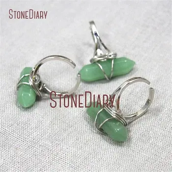 

10Pcs Winding Silver Finish Faceted Double Terminated Point Ring Aventurine Jades Ring On Sale Adjustable RM13015