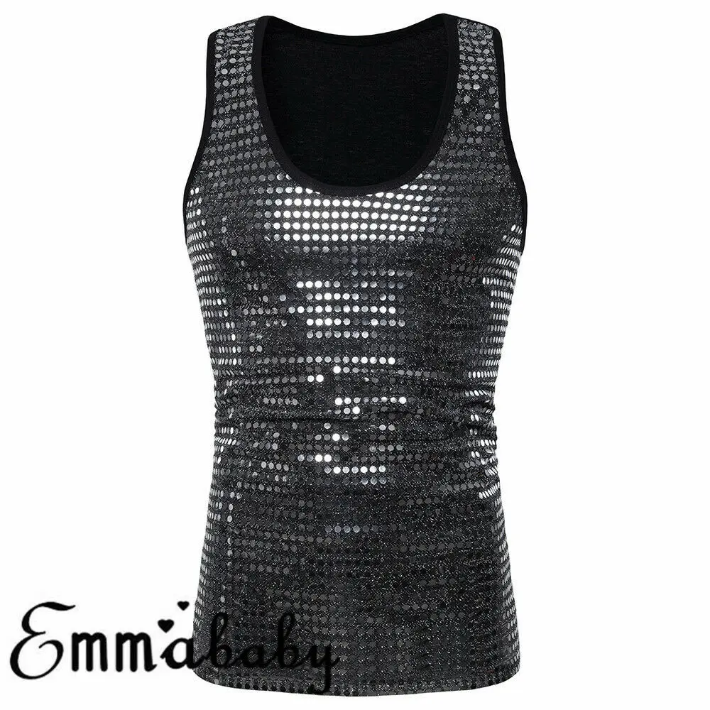 Mens Fashion Sequin Stretchy Vest Tank Top Summer Sleeveless Tee Shirt