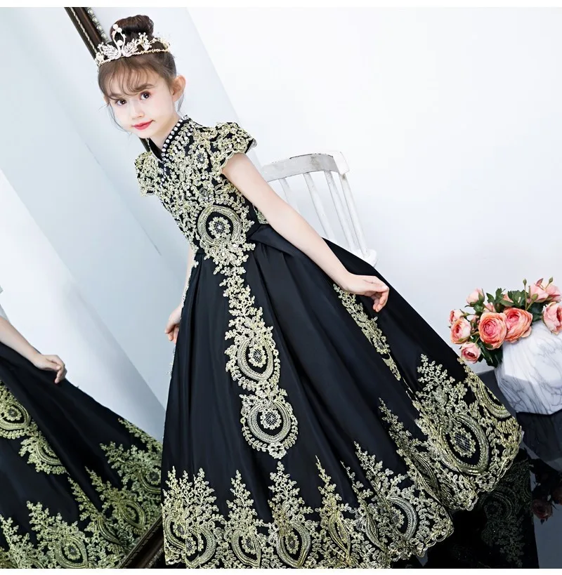 Vestido daminha/роскошное черное фатиновое Золотое кружевное платье с цветочным узором для девочек на свадьбу; коллекция года; Бальные платья с короткими рукавами для девочек; платье для выпускного вечера