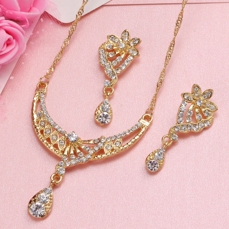 

2pcs Wedding Jewelry Set Gold Color Crystal Necklace Earring Set Rhinestone New Simple Party Dress Jewelry Sets For Women