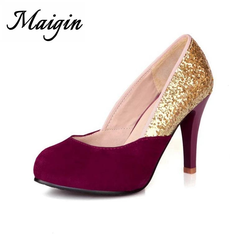Maigin Brand High Platform High Heels 2018 Round Toe Stitching Pumps Women Shoes Cow Suede Slip-on Pumps Female Sapato