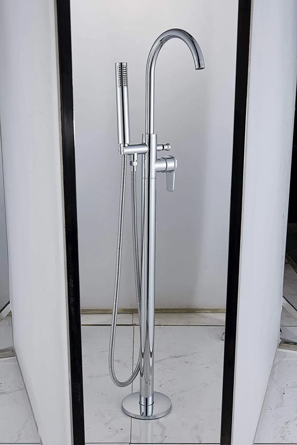 Bathroom Bathtub Tap Shower System Chrome Thermostatic Handle Dual Function Hand Shower and Filler Spout Floor Mounted1 009