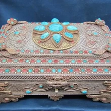 Xd 003371 Тибет Буддизм Медь Золота и Серебра декор бирюзовый Красный коралл ювелирные изделия кейс Коробка