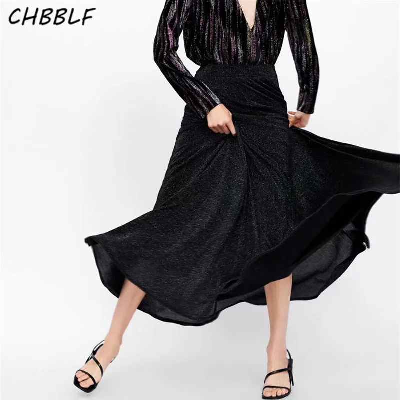 

CHBBLF women chic black pleated maxi long skirt faldas mujer elastic waist vintage female casual ankle length skirt WEW5253
