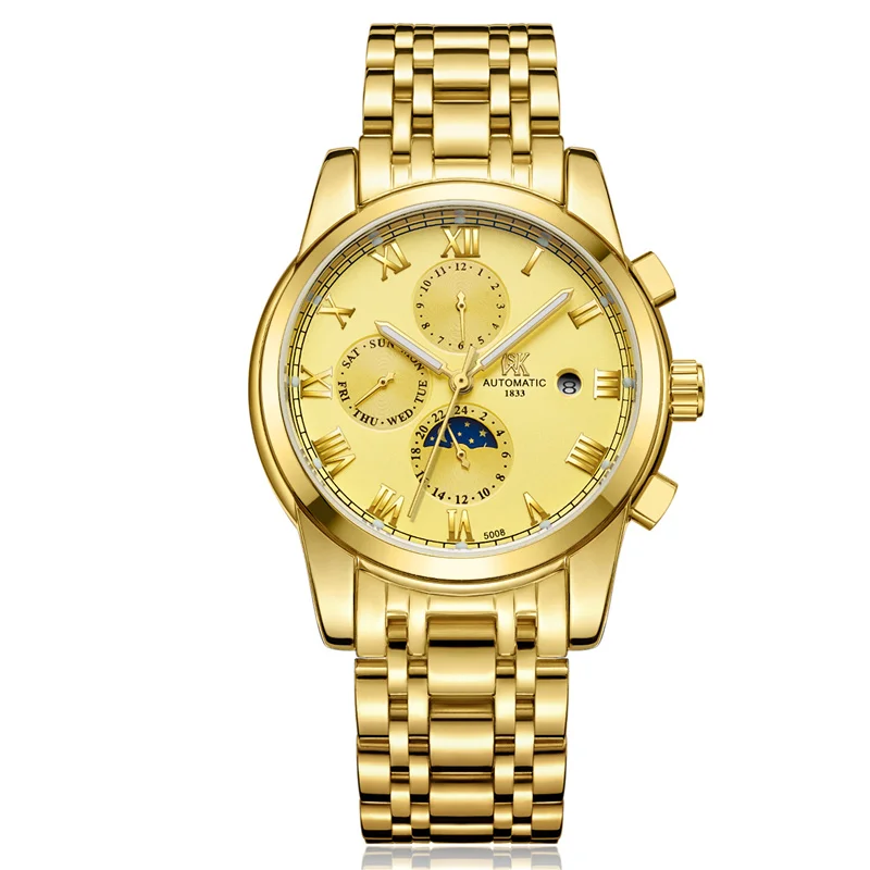 

New Top Luxury Brand Stainless Steel Watch Men Clock Multifunction Waterproof Gold Mechanical Wristwatch Relogios homens
