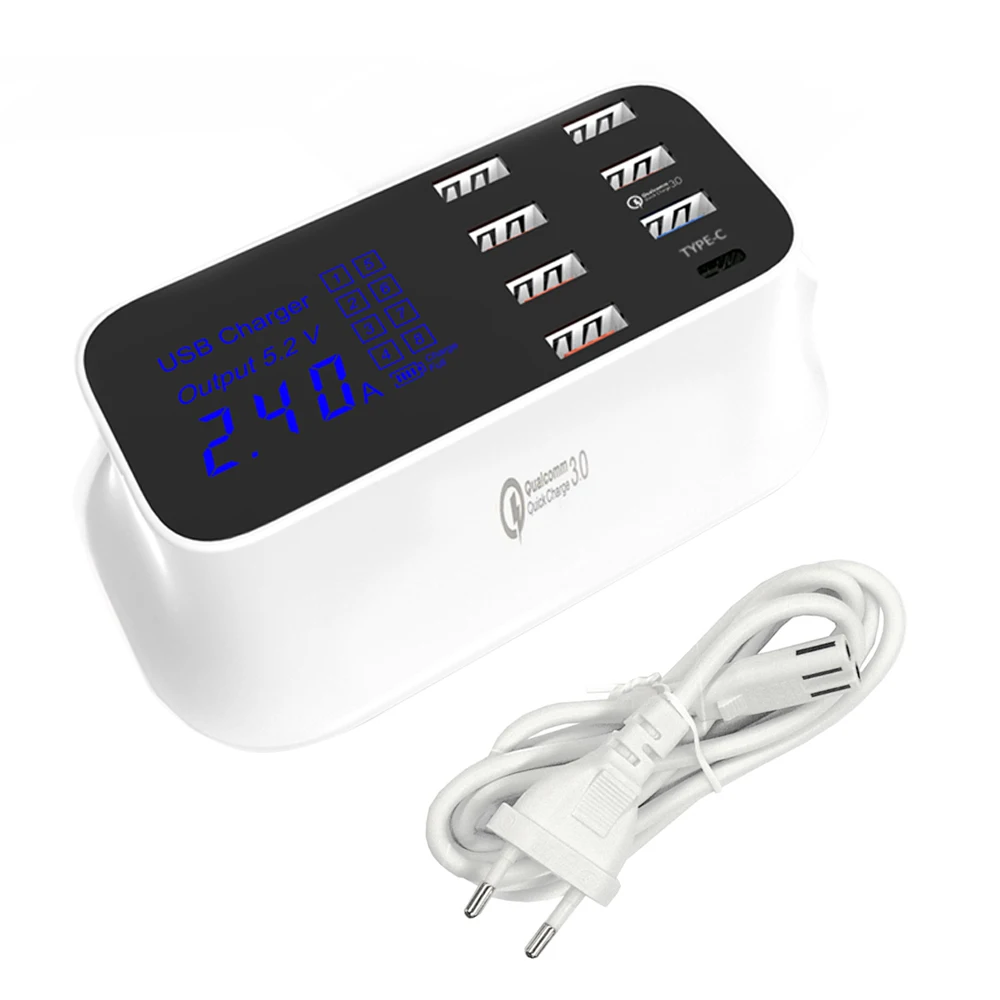 

Fast Charging Multiple USB Charger,40W/8A 8 Port Desktop Charger Hub with 1 Type C Port and 1 Quick Charge 3.0 port, Led Displ