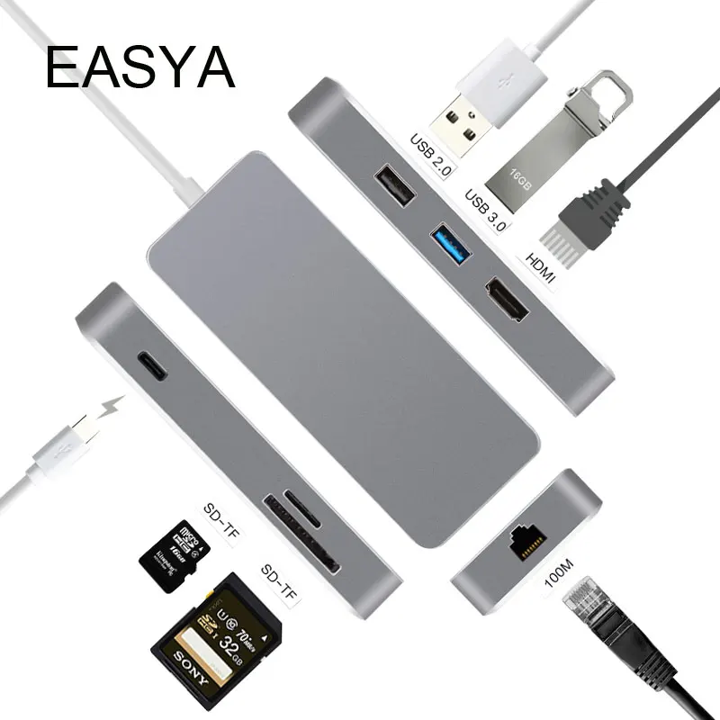 

EASYA Wholesale USB-C HUB to HDMI Rj45 Adapter 4K USB c Hub Dock with PD SD TF Card Reader Slot for Macbook Pro 10pieces/lot