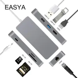 Easya оптовая продажа USB-C концентратор к HDMI Rj45 адаптер 4 К USB c HUB Док с pd SD Card Reader слот для MacBook Pro 10 шт./лот