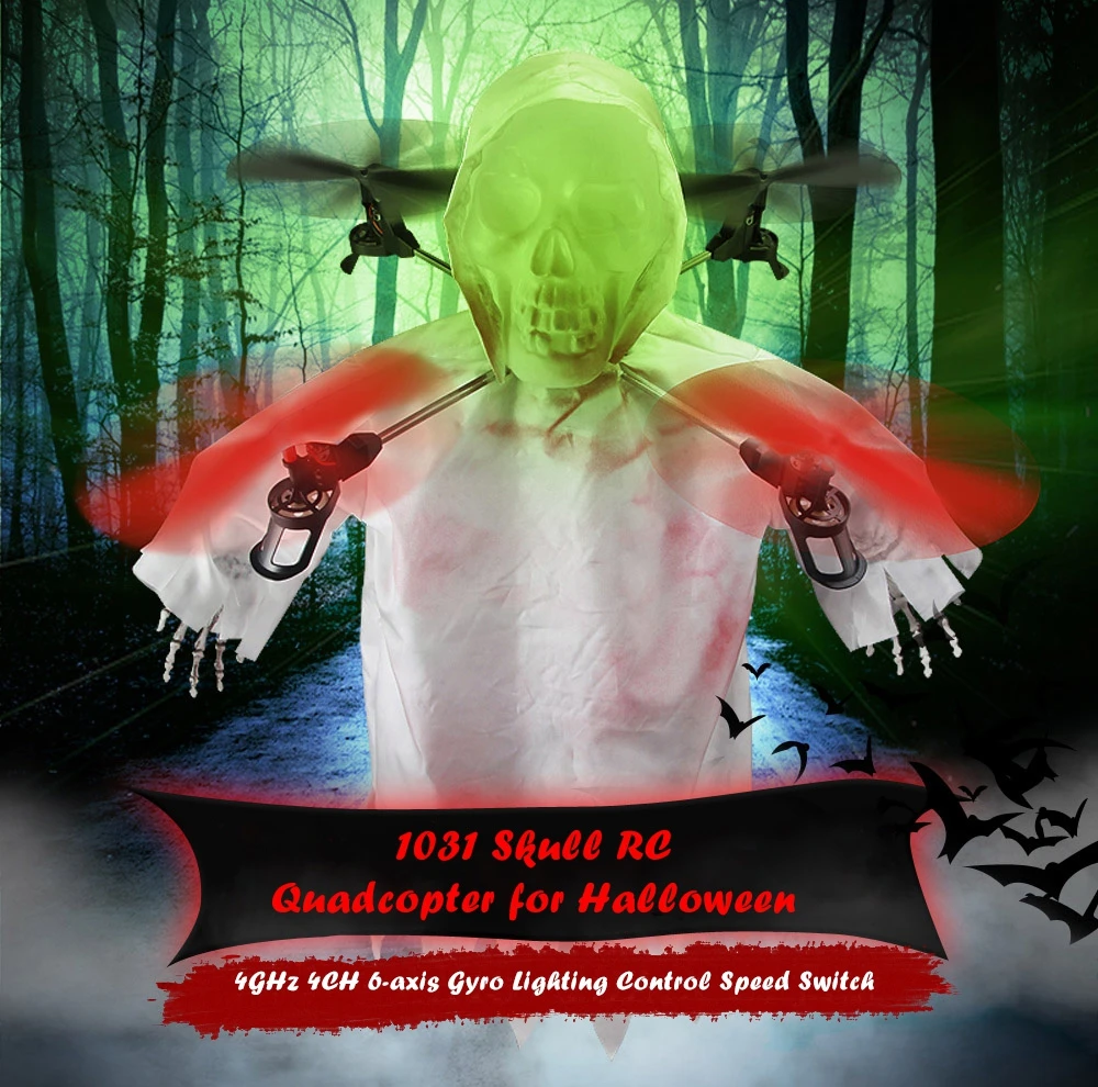 

New Arrival Halloween Gift 1031 Skull RC Quadcopter 2.4GHz 4CH 6-axis Gyro Lighting Control 360 Degrees Spin Funny Tricks Toy