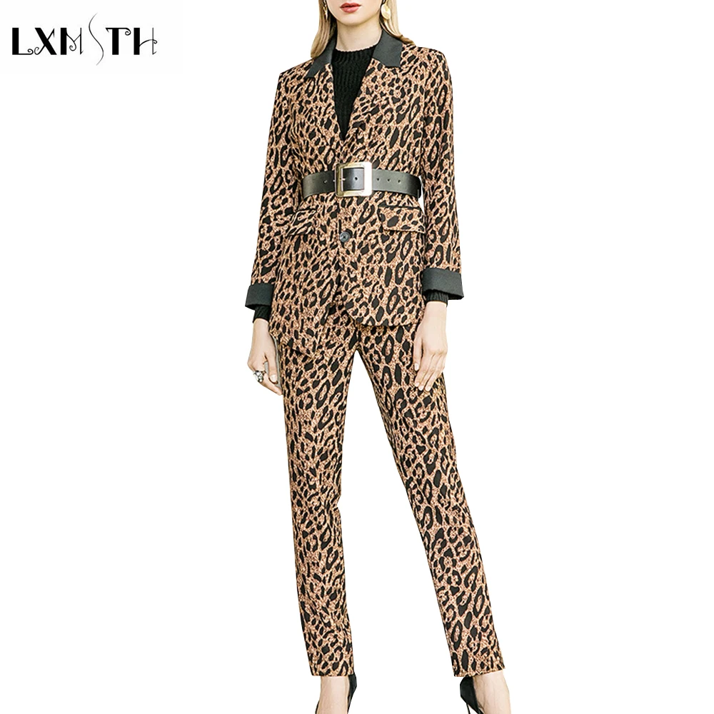 LXMSTH Elegant Leopard Set Two Piece Pants Set Women Autumn Winter
