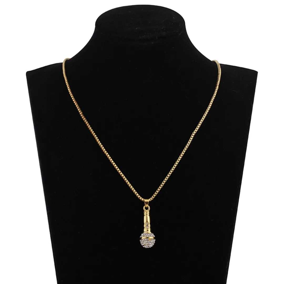 Ice Out Chain Necklace Rapper Microphone Pendant Men Women Gold Color Rhinestone NecklaceShellhard Hip Hop Jewelry Accessories