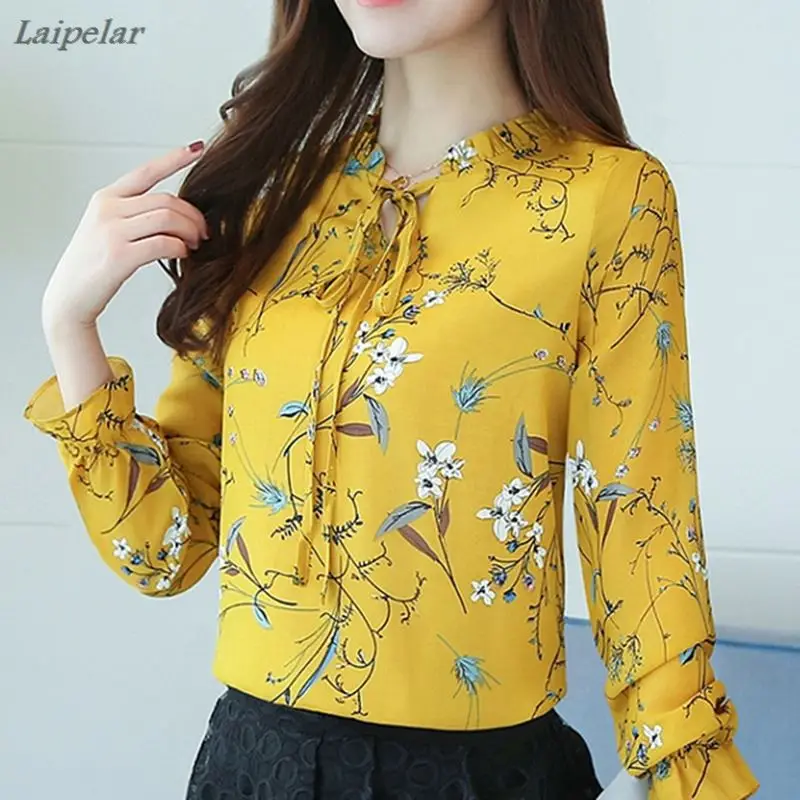 

2018 Women Chiffon Blouse Spring Tops Long Sleeve Blouses And Shirts Flower Printed Female Ladies Office Work Blusas Feminine