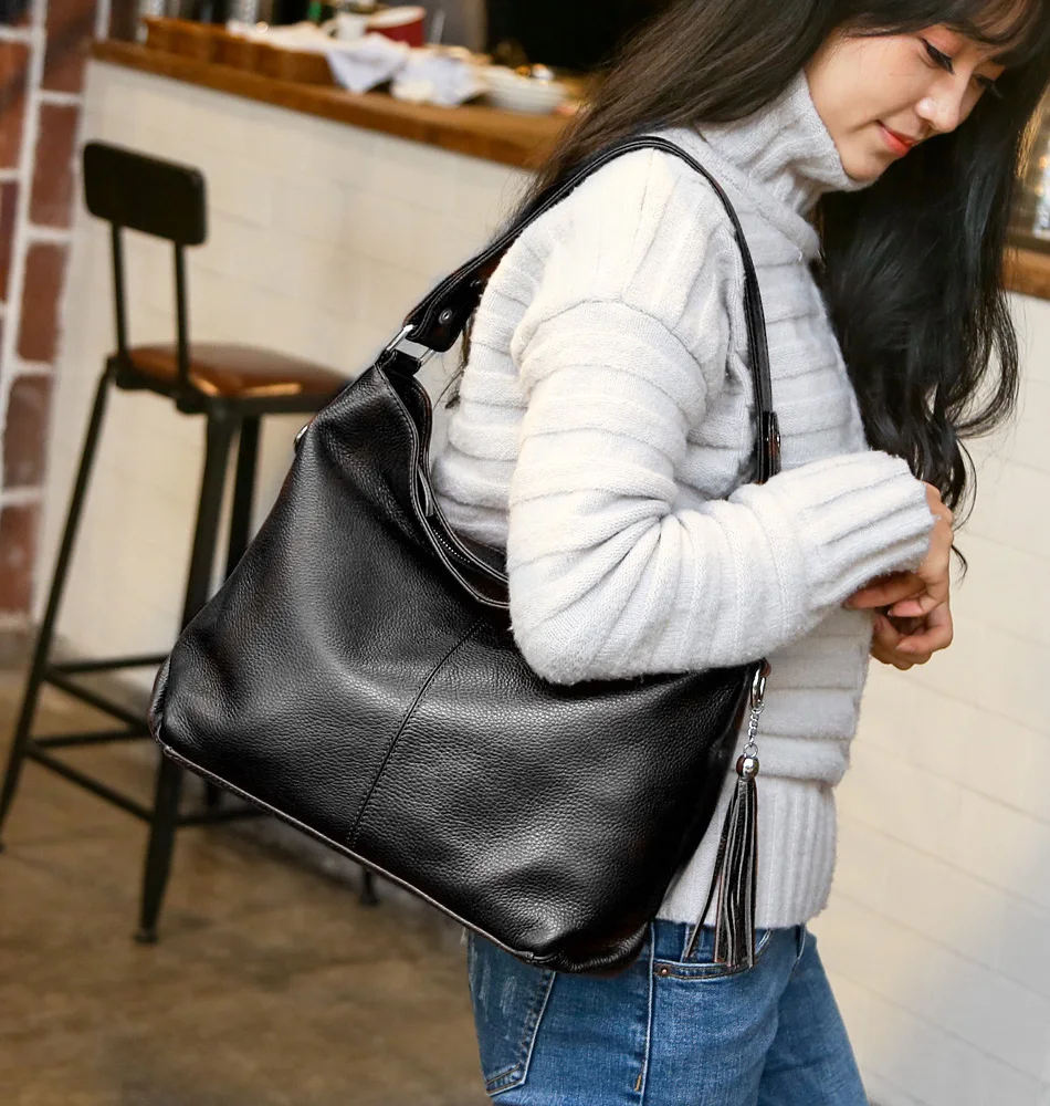 2018 New Fashion Soft Real Genuine Leather Tassel Women's Handbag Ladies Shoulder Tote Messenger Bag Purse Satchel Black White 9