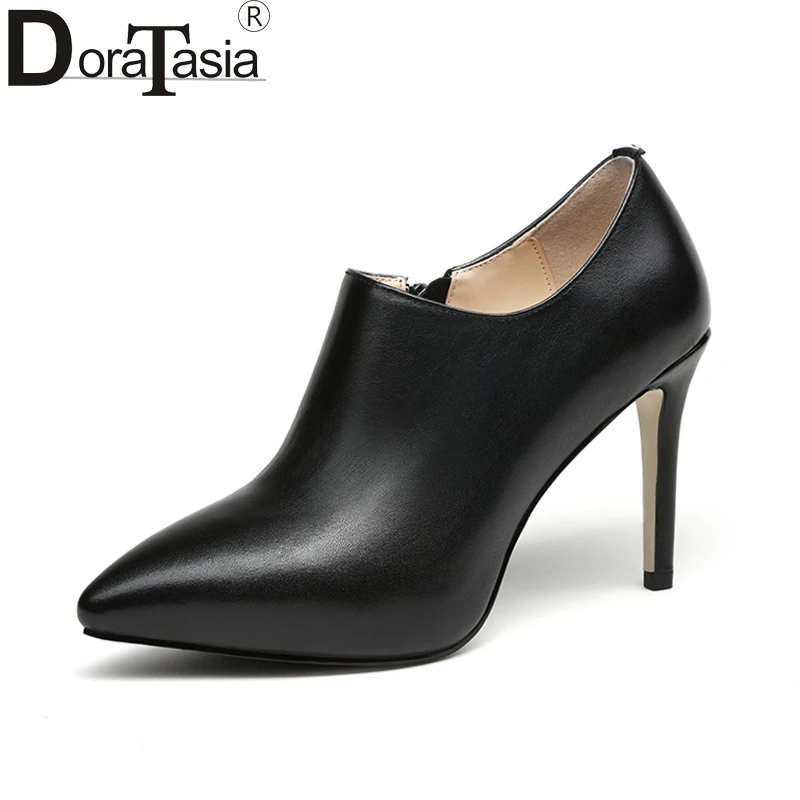 

DoraTasia 2018 Spring Autumn Genuine Leather Concise Black Deep Pumps Pointed OL High Heels Leather Insole Shoes Woman