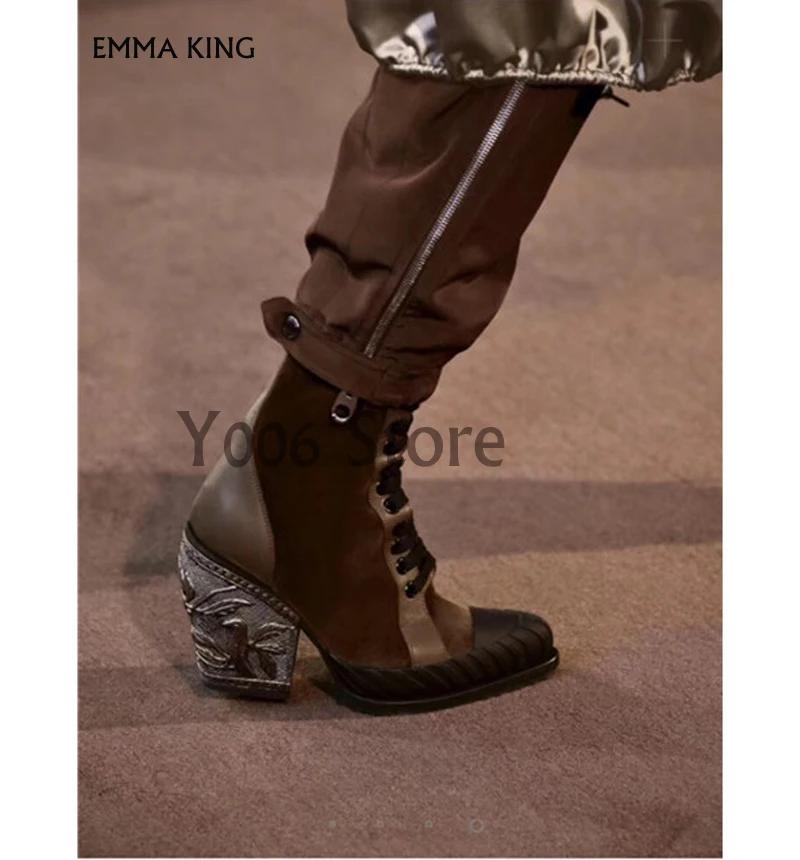 

New Luxury Lace-up Pointed Toe Ankle Boots For Women Metal Square Heel Booties Martin Botines mujer Fashion Trendy Shoes Woman