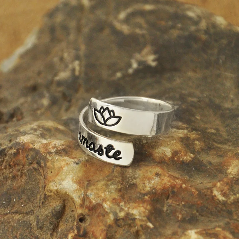 Hamsa hand ring, Namaste Wrap Ring customizable yoga ring, secret message quote jewelry personalized