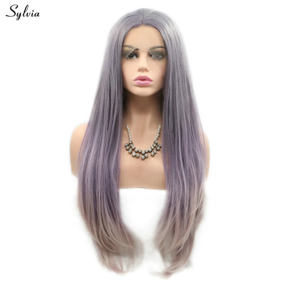 Sylvia Straight Lace Front Wig Synthetic Glueless Pastel Purple Ombre Blonde Natural Hairline Party For Girls Women | Шиньоны и парики