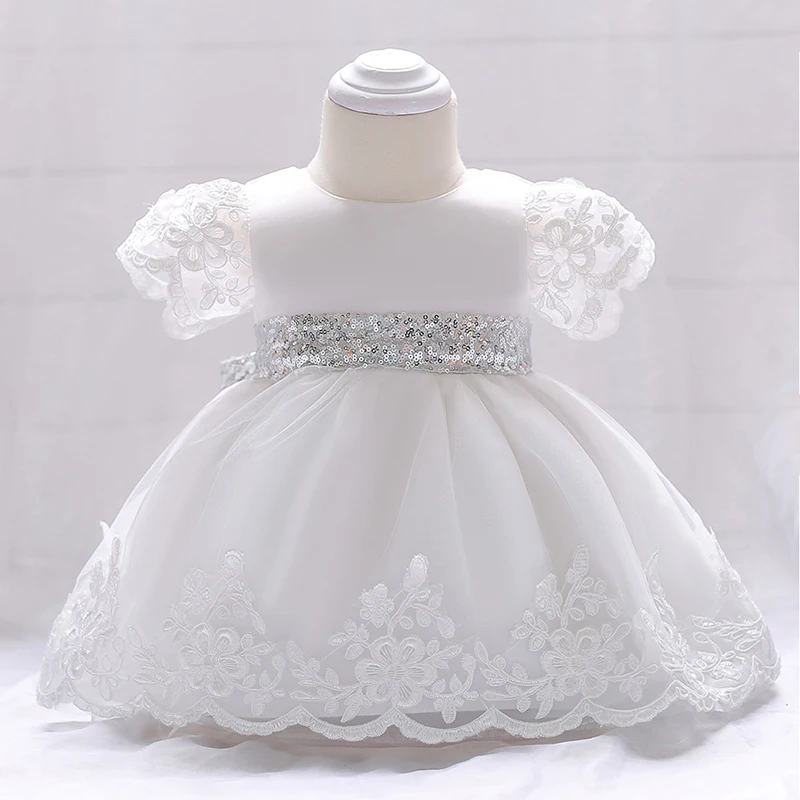 

Baby Girl Dress Long 1 Year Old Girl Birthday Dress Fluffy Tutu Sequin Belt White Frocks A015 bebe Vestidos Children Clothes