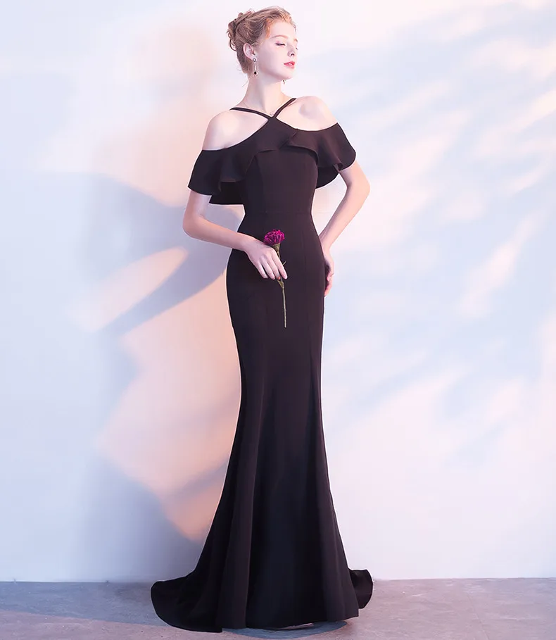 JaneVini 2019 пикантные черные сапоги длинные платья подружек невесты Спагетти бретели для нижнего белья оборками спинки Атлас развертки поезд