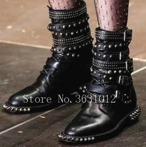 

2019 Newest Top Quality Big Buckles Strappy Spike Rivets Studs Women Boots Motorcycle Boots Punk Cool Shoes Woman