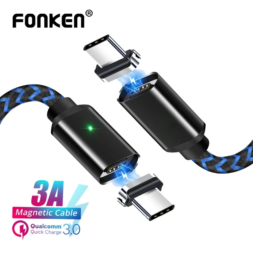 FONKEN USB نوع C كابل مغناطيسي ل USB-C الهاتف المحمول سريع شحن USB كابل الشاحن 3A المغناطيس الحبل ل سامسونج هواوي Xiaomi