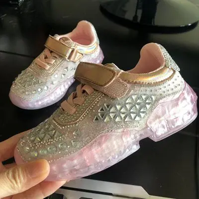 Весна Стразы детские кроссовки для девочек повседневная обувь прозрачной подошвой из искусственной кожи; детская спортивная обувь для девочек TX455 - Цвет: Pink Mesh